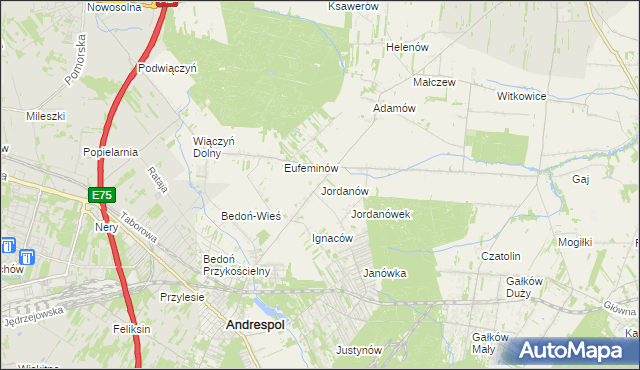 mapa Jordanów gmina Brzeziny, Jordanów gmina Brzeziny na mapie Targeo