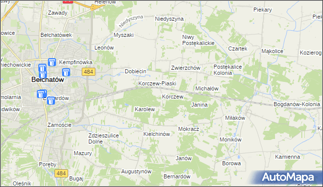 mapa Korczew gmina Bełchatów, Korczew gmina Bełchatów na mapie Targeo