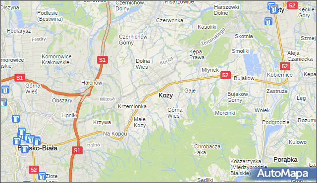 mapa Kozy powiat bielski, Kozy powiat bielski na mapie Targeo