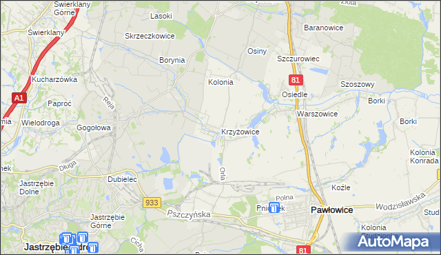 mapa Krzyżowice gmina Pawłowice, Krzyżowice gmina Pawłowice na mapie Targeo
