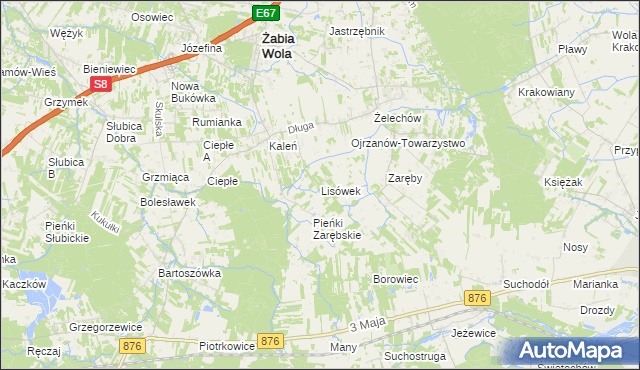 mapa Lisówek gmina Żabia Wola, Lisówek gmina Żabia Wola na mapie Targeo
