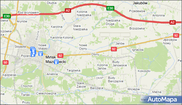 mapa Osiny gmina Mińsk Mazowiecki, Osiny gmina Mińsk Mazowiecki na mapie Targeo