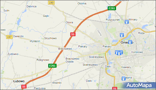 mapa Piekary gmina Gniezno, Piekary gmina Gniezno na mapie Targeo