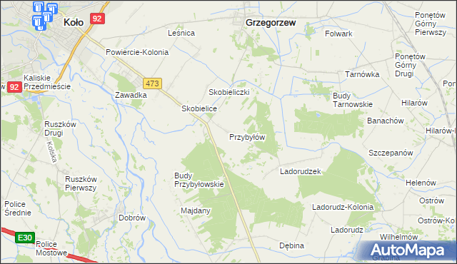 mapa Przybyłów gmina Koło, Przybyłów gmina Koło na mapie Targeo