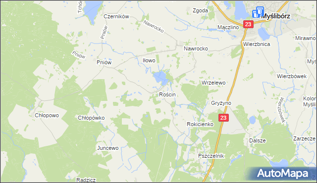 mapa Rościn gmina Myślibórz, Rościn gmina Myślibórz na mapie Targeo