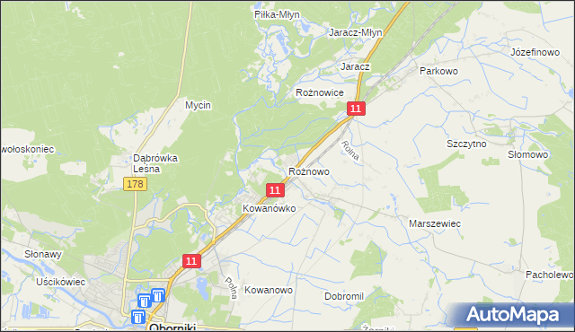 mapa Rożnowo gmina Oborniki, Rożnowo gmina Oborniki na mapie Targeo