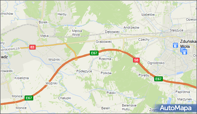 mapa Rzechta gmina Sieradz, Rzechta gmina Sieradz na mapie Targeo