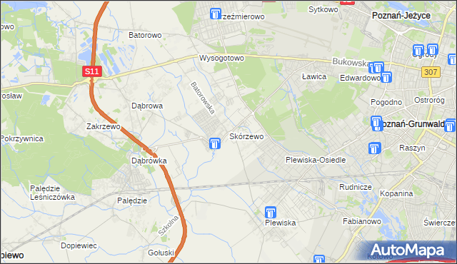 mapa Skórzewo gmina Dopiewo, Skórzewo gmina Dopiewo na mapie Targeo