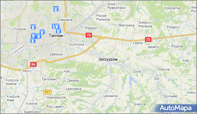 mapa Skrzyszów powiat tarnowski, Skrzyszów powiat tarnowski na mapie Targeo