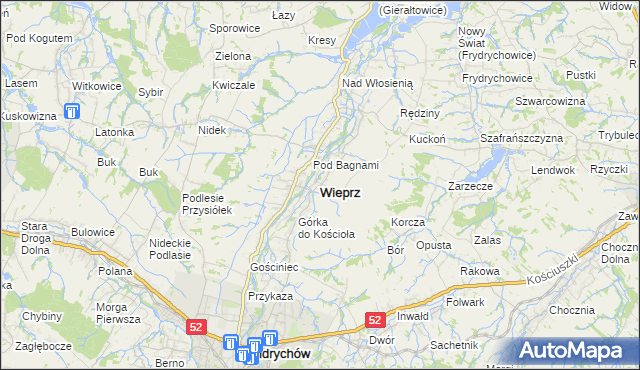 mapa Wieprz powiat wadowicki, Wieprz powiat wadowicki na mapie Targeo