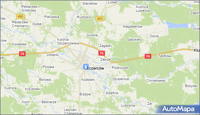 mapa Załuże gmina Szczerców, Załuże gmina Szczerców na mapie Targeo