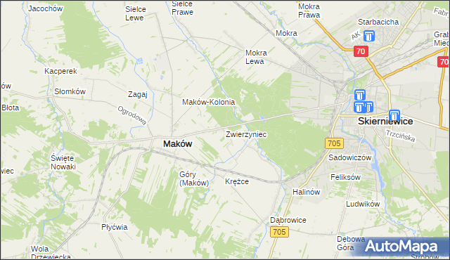 mapa Zwierzyniec gmina Maków, Zwierzyniec gmina Maków na mapie Targeo