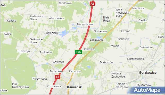 mapa Dąbrowa gmina Kamieńsk, Dąbrowa gmina Kamieńsk na mapie Targeo