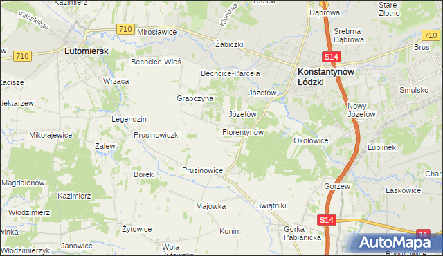 mapa Florentynów gmina Lutomiersk, Florentynów gmina Lutomiersk na mapie Targeo