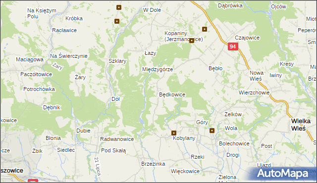 mapa Będkowice gmina Wielka Wieś, Będkowice gmina Wielka Wieś na mapie Targeo