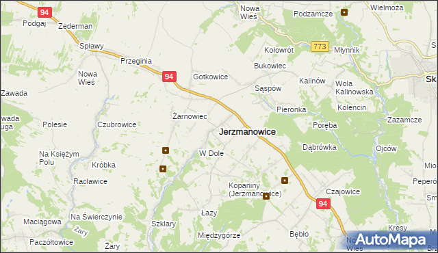 mapa Jerzmanowice gmina Jerzmanowice-Przeginia, Jerzmanowice gmina Jerzmanowice-Przeginia na mapie Targeo