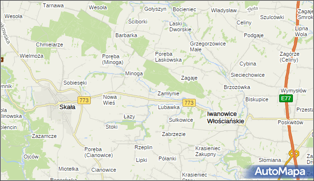 mapa Zamłynie gmina Skała, Zamłynie gmina Skała na mapie Targeo