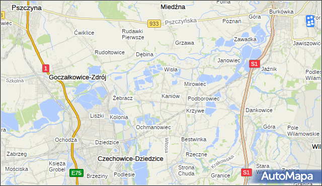 mapa Kaniów gmina Bestwina, Kaniów gmina Bestwina na mapie Targeo