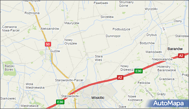 mapa Stara Wieś gmina Wiskitki, Stara Wieś gmina Wiskitki na mapie Targeo