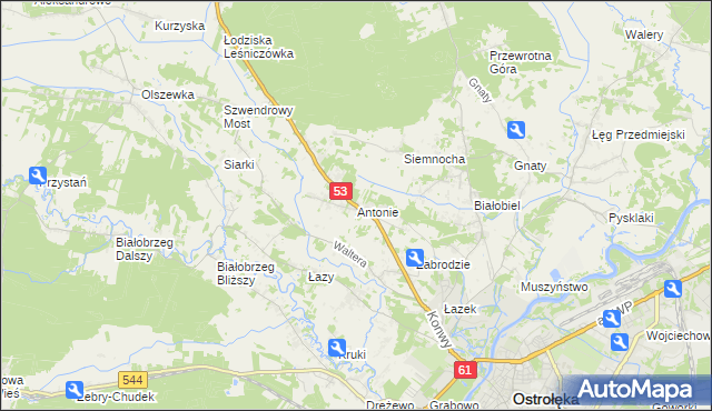 mapa Antonie gmina Olszewo-Borki, Antonie gmina Olszewo-Borki na mapie Targeo