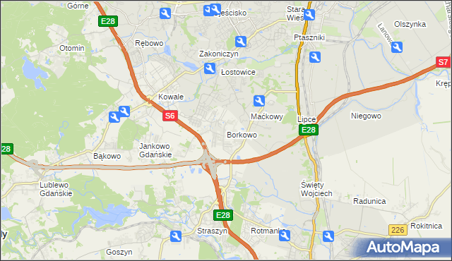 mapa Borkowo gmina Pruszcz Gdański, Borkowo gmina Pruszcz Gdański na mapie Targeo