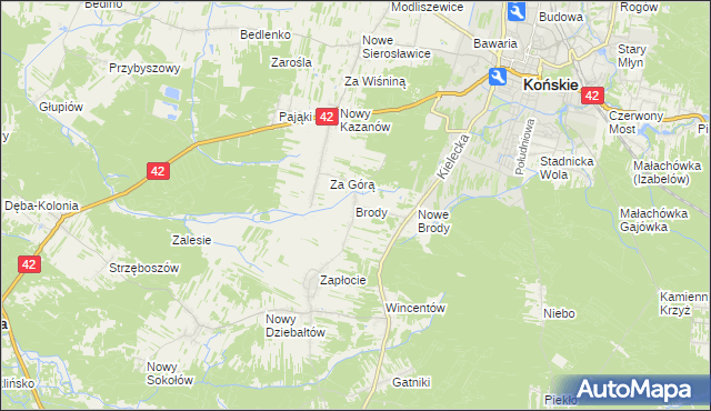 mapa Brody gmina Końskie, Brody gmina Końskie na mapie Targeo