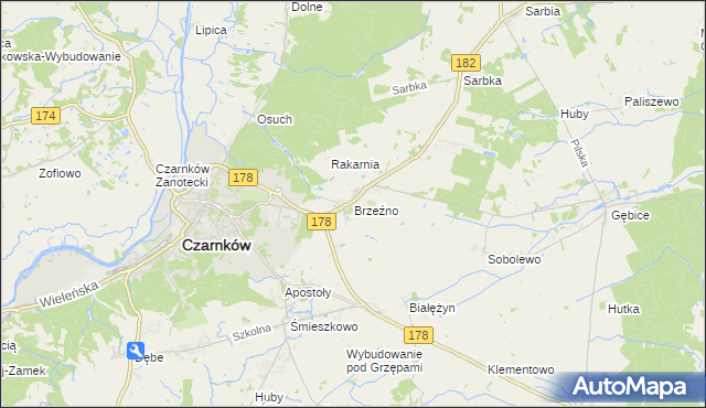 mapa Brzeźno gmina Czarnków, Brzeźno gmina Czarnków na mapie Targeo