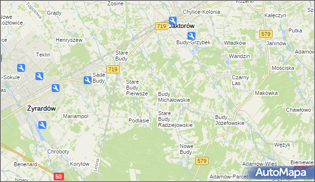 mapa Budy Michałowskie gmina Jaktorów, Budy Michałowskie gmina Jaktorów na mapie Targeo