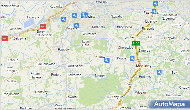 mapa Buków gmina Mogilany, Buków gmina Mogilany na mapie Targeo