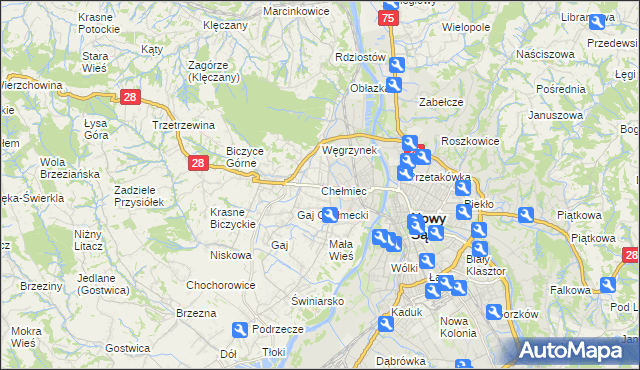 mapa Chełmiec powiat nowosądecki, Chełmiec powiat nowosądecki na mapie Targeo