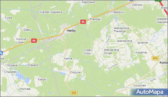 mapa Cztery Kopy gmina Herby, Cztery Kopy gmina Herby na mapie Targeo