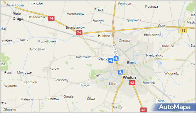 mapa Dąbrowa gmina Wieluń, Dąbrowa gmina Wieluń na mapie Targeo
