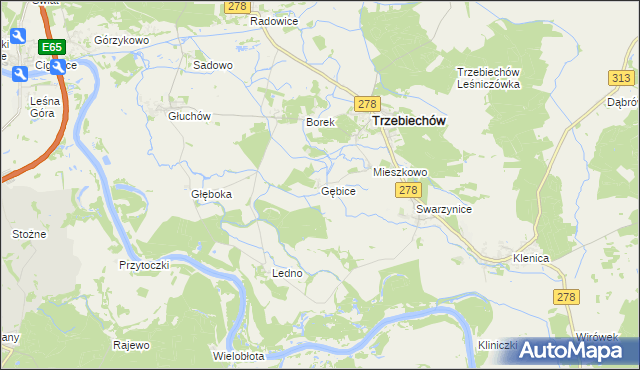 mapa Gębice gmina Trzebiechów, Gębice gmina Trzebiechów na mapie Targeo