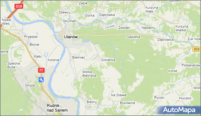 mapa Glinianka gmina Ulanów, Glinianka gmina Ulanów na mapie Targeo