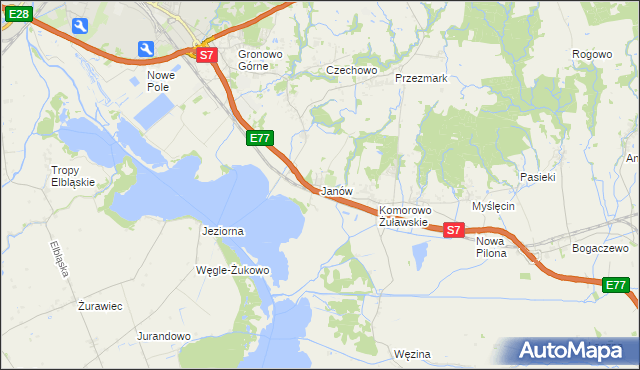 mapa Janów gmina Elbląg, Janów gmina Elbląg na mapie Targeo