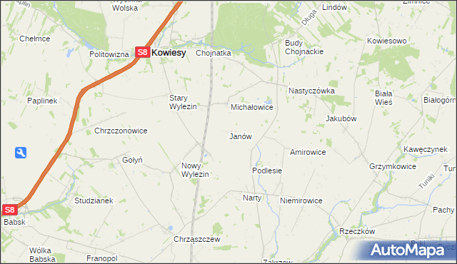 mapa Janów gmina Kowiesy, Janów gmina Kowiesy na mapie Targeo