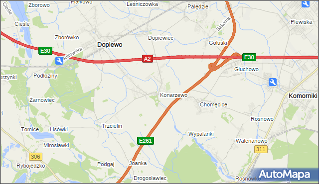 mapa Konarzewo gmina Dopiewo, Konarzewo gmina Dopiewo na mapie Targeo
