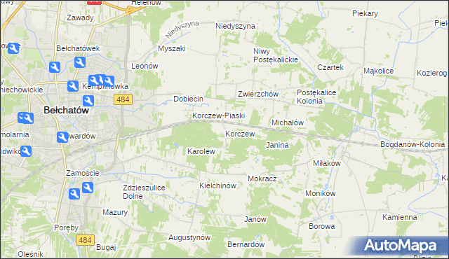 mapa Korczew gmina Bełchatów, Korczew gmina Bełchatów na mapie Targeo