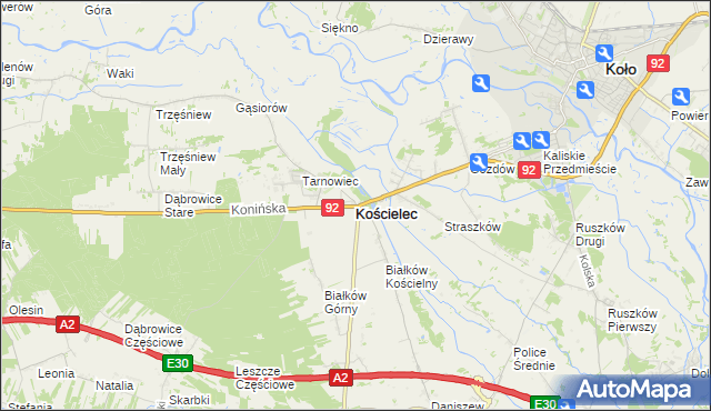 mapa Kościelec powiat kolski, Kościelec powiat kolski na mapie Targeo