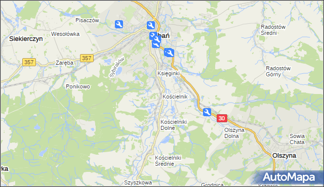 mapa Kościelnik gmina Lubań, Kościelnik gmina Lubań na mapie Targeo