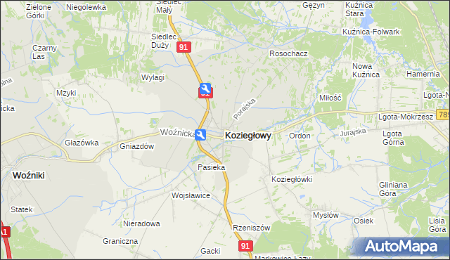 mapa Koziegłowy powiat myszkowski, Koziegłowy powiat myszkowski na mapie Targeo