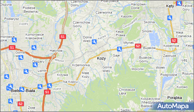 mapa Kozy powiat bielski, Kozy powiat bielski na mapie Targeo