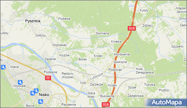 mapa Krzaki gmina Pysznica, Krzaki gmina Pysznica na mapie Targeo