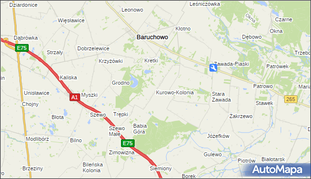 mapa Kurowo-Kolonia gmina Baruchowo, Kurowo-Kolonia gmina Baruchowo na mapie Targeo