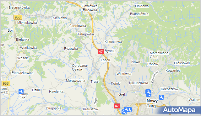 mapa Lasek gmina Nowy Targ, Lasek gmina Nowy Targ na mapie Targeo