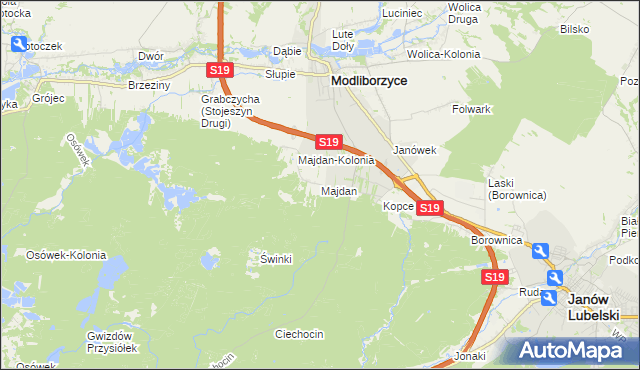 mapa Majdan gmina Modliborzyce, Majdan gmina Modliborzyce na mapie Targeo