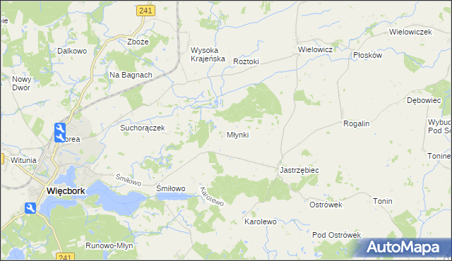 mapa Młynki gmina Więcbork, Młynki gmina Więcbork na mapie Targeo