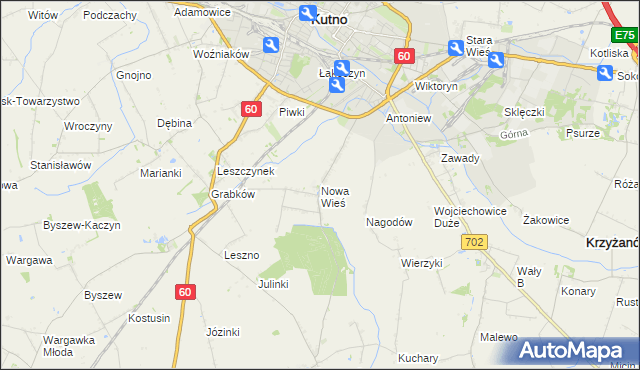 mapa Nowa Wieś gmina Kutno, Nowa Wieś gmina Kutno na mapie Targeo