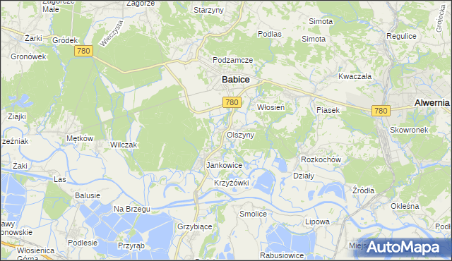 mapa Olszyny gmina Babice, Olszyny gmina Babice na mapie Targeo