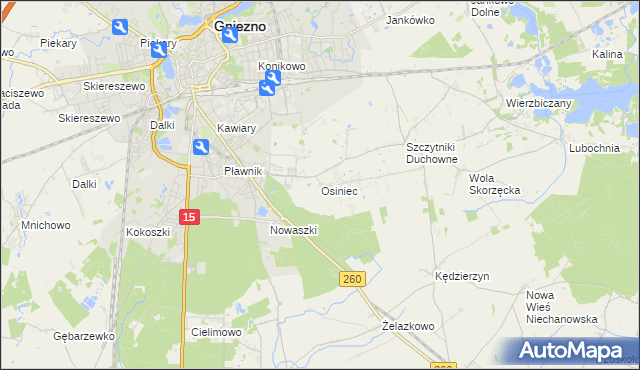 mapa Osiniec gmina Gniezno, Osiniec gmina Gniezno na mapie Targeo